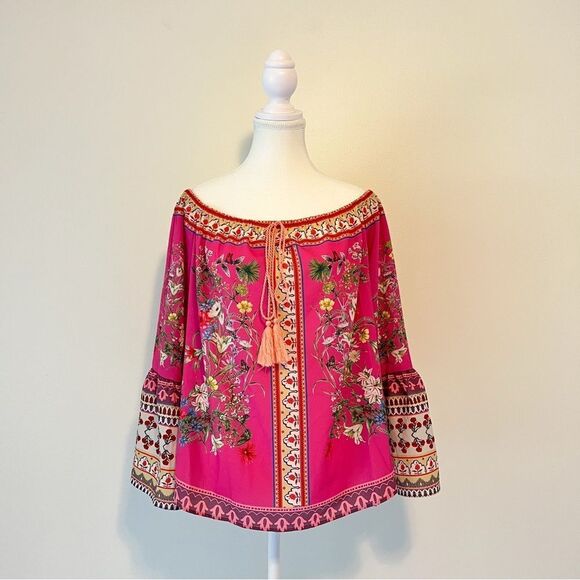 Umgee Boho Off Shoulder Paisley Floral Blouse Long Bell Sleeves - Picture 3 of 9